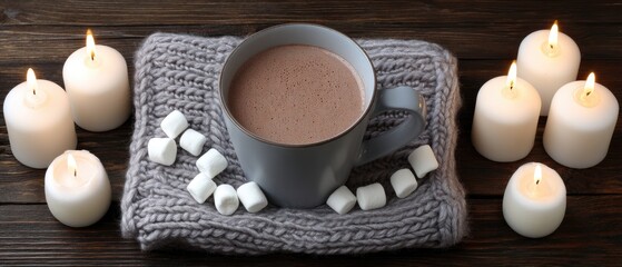 Enjoying a cozy autumn moment with hot cocoa, marshmallows, and warm blankets on a rustic wooden table with candles