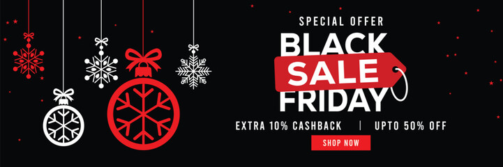 Obraz premium Festive Black Friday sale banner featuring hanging snowflake ornaments and Christmas baubles, bold red and white text, special offer, cashback and discount, elegant holiday design for promotions.