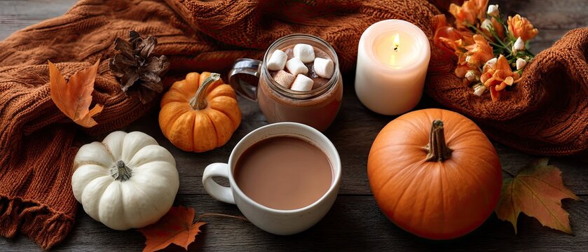 Cozy autumn setting featuring hot cocoa, marshmallows, and candles on a wooden tabletop for the perfect fall ambiance