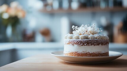 White cake in neutral kitchen, modern home aesthetic