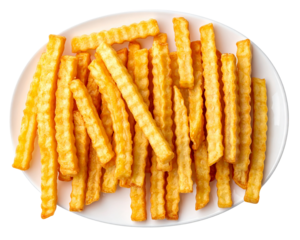 A top-down flat-lay view of waffle fries evenly arranged across a bright white plate 