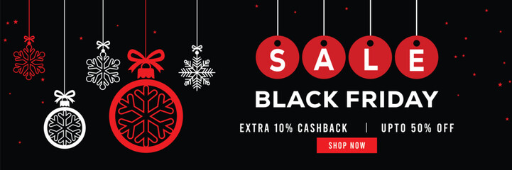 Festive Black Friday sale banner featuring hanging snowflake ornaments and Christmas baubles, bold red and white text, special offer, cashback and discount, elegant holiday design for promotions.