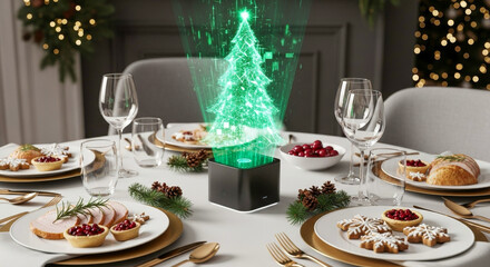 Fototapeta premium Futuristic hologram christmas tree centerpiece on elegant holiday dinner table with festive food