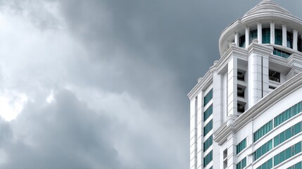 Modern white high-rise residential building against a cloudy sky highlights architectural detail and design in urban living environment