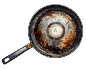 A top-down illustration of a dirty frying pan coated with burnt food residue and grea