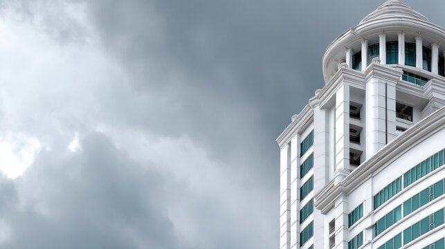 Modern white high-rise residential building against a cloudy sky highlights architectural detail and design in urban living environment