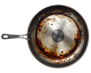 A top-down illustration of a dirty frying pan coated with burnt food residue and grea