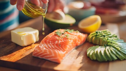 Person is pouring oil over a piece of salmon and avocado slices. Concept of healthy eating and the importance of incorporating fresh fruits and vegetables into one's diet