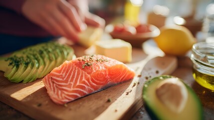 Person is preparing a meal with a salmon fillet and avocado slices on a wooden cutting board