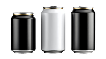 Three assorted beverage cans, black and white, isolated on white background, modern design