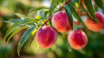 Tree with three ripe peaches hanging from it. The peaches are red and shiny. The tree is surrounded by green leaves