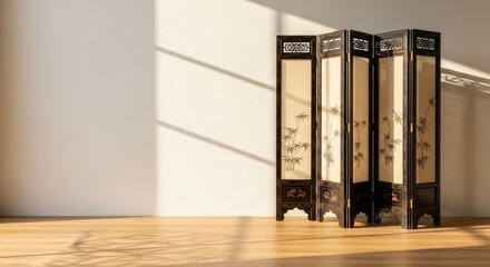 Chinese folding screen displayed in bright room with sunlight shadows  
