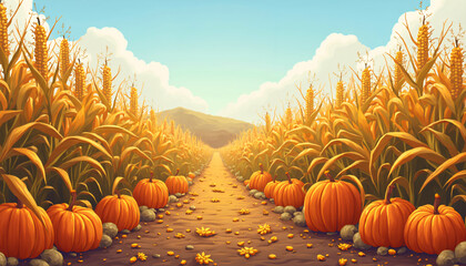 Corn Field with Pumpkins and Dirt Path