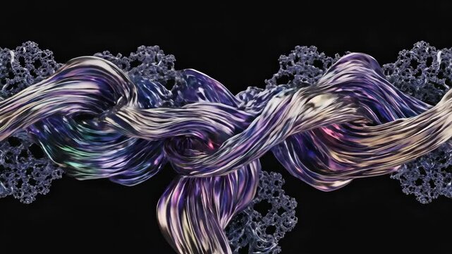 Abstract animation of twisting iridescent strands forming braided knots and lace patterns