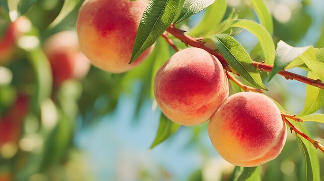 Three ripe peaches hanging from a tree branch. The peaches are red and have a fuzzy texture. The tree is lush and green, and the sky is blue
