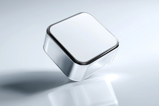 Shiny metallic square tin box with rounded edges floating on a reflective white surface