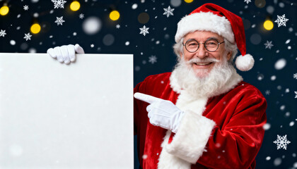 Santa Claus pointing at blank sign in snowy Christmas setting