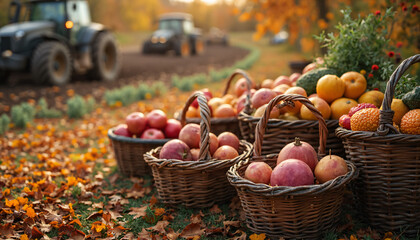 Harvest Baskets and Tractors in Autumn Field
