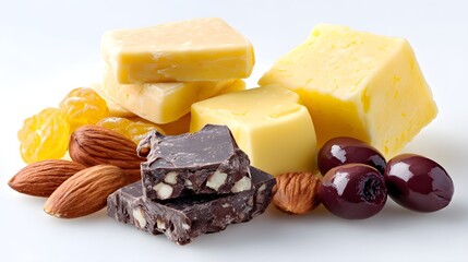 Pile of food with nuts, chocolate, and cheese. Concept of indulgence and abundance