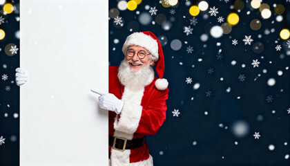Santa Claus pointing at blank sign in snowy Christmas setting