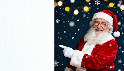 Santa Claus pointing at blank sign in snowy Christmas setting