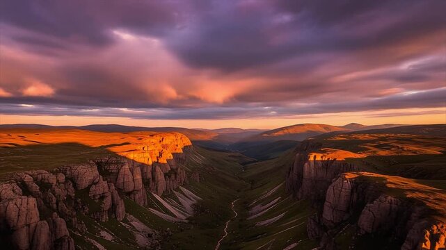 Dramatic sunset bathes canyon cliffs in golden light, promising adventure and discovery