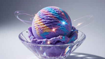 Magical multicolored ice cream scoop sitting in a glass bowl.