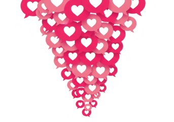 Cascade of pink and red heart speech bubbles isolated on transparent background