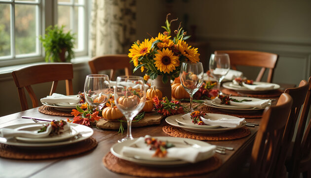Table setting with sunflowers and pumpkins