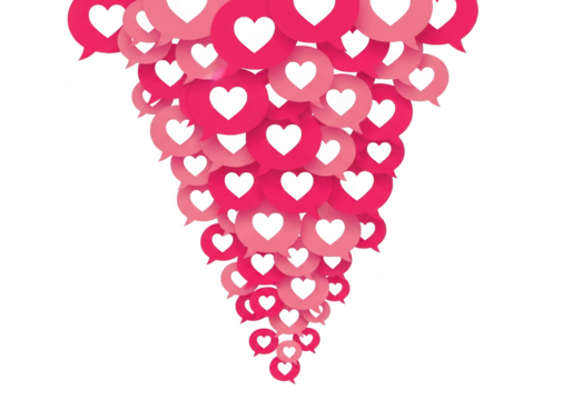 Cascade of pink and red heart speech bubbles isolated on transparent background
