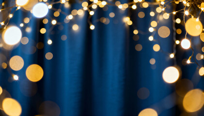 Golden Christmas lights and ornaments on dark blue background