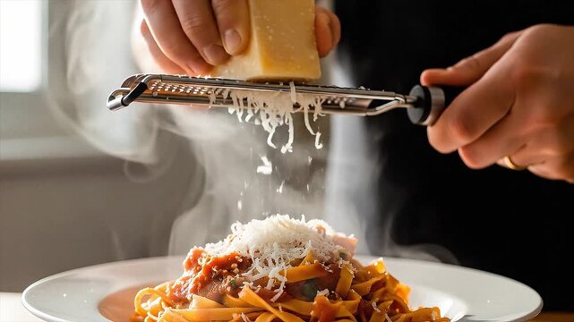 Chef grating fresh Parmesan cheese over a plate of steaming tagliatelle.