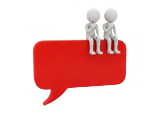 Two 3d stick figures sitting on a red speech bubble isolated on transparent background, symbolizing communication, discussion, and sharing ideas