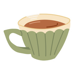 A warm beverage sits in a decorative cup illustrated in a simple cozy style. The concept conveys comfort, relaxation and a calm homely atmosphere