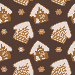 Gingerbread houses with snowy icing create a seamless festive pattern on a dark background. The concept reflects cozy holiday baking, christmas warmth and charming winter decoration
