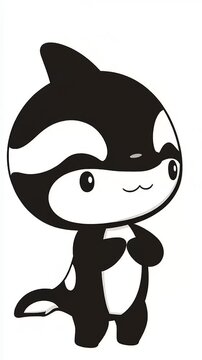 Cute Cartoon Orca Whale Character Standing Upright on White Background.