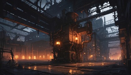 dark industrial scene with glowing machinery and foggy atmosphere