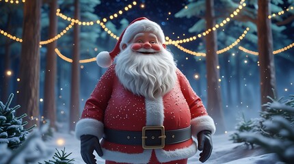 Jolly 3D Santa Claus standing in a snowy forest illuminated by string lights at night