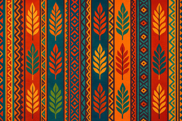 Bright abstract background with African ethnic pattern in the form of waves, leaves and bright flowers.