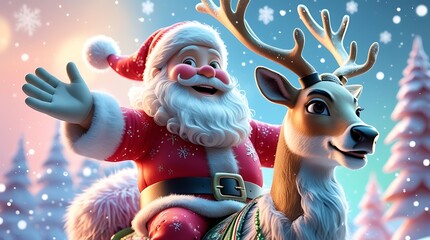 Joyful 3D Santa Claus riding a reindeer through a snowy landscape with Christmas lights