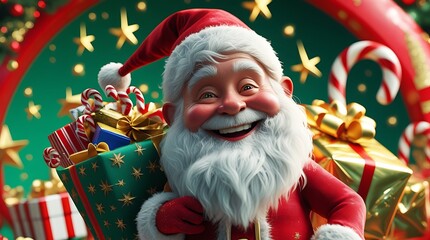Vibrant 3D render of Santa Claus holding a gift sack against a festive background