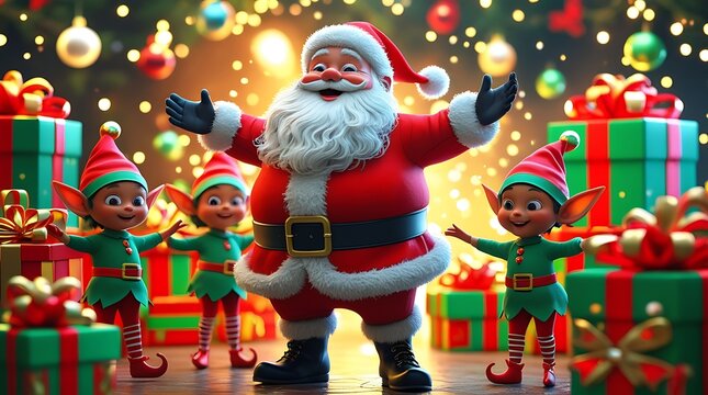 Vibrant 3D render of jolly Santa Claus with three happy elves and piles of gifts