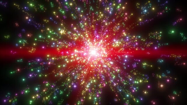 放射状に軌跡を描き飛ぶ光のパーティクルのループ背景 虹色