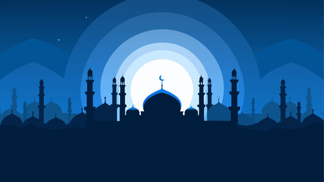 Silhouette of a mosque with minarets under a crescent moon and layered blue sky background design - Powered by Adobe