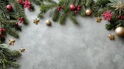 Christmas composition frame made of fir tree branches and decorations on pastel gray background. Flat lay, copy space.
