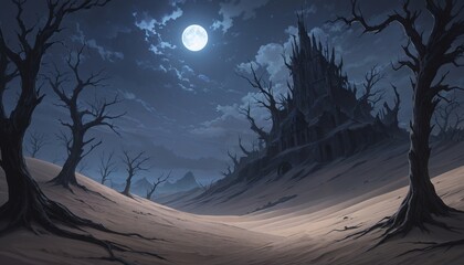 dark castle in a moonlit forest landscape