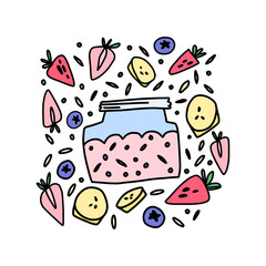 Overnight lazy no-cook oats in a jar among oatmeal, chia seeds, and fresh berries, chia pudding