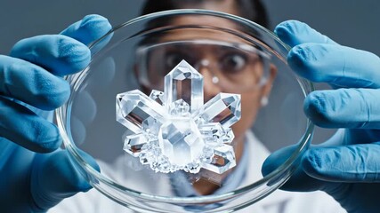 Gloved hands holding petri dish with blue powder transforming into glowing white crystals. Scientific laboratory experiment showing chemical reaction and crystallization process.