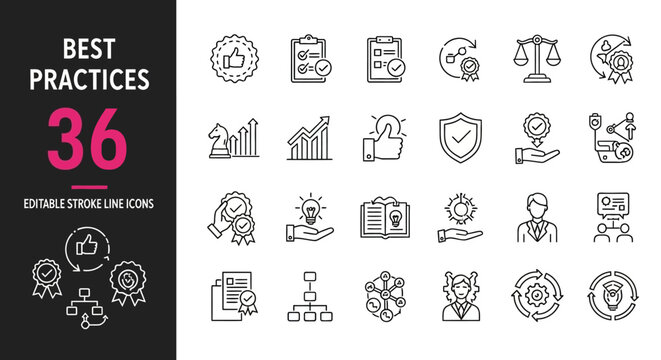 Modern collection of editable stroke line icons illustrating best practices, business excellence, strategic management, and quality control principles for various applications