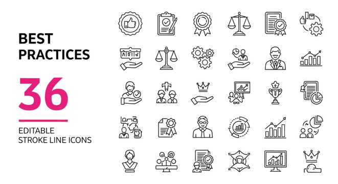 A set of thin line vector icons related to corporate best practices, quality management, and business standards. Editable outline symbols
